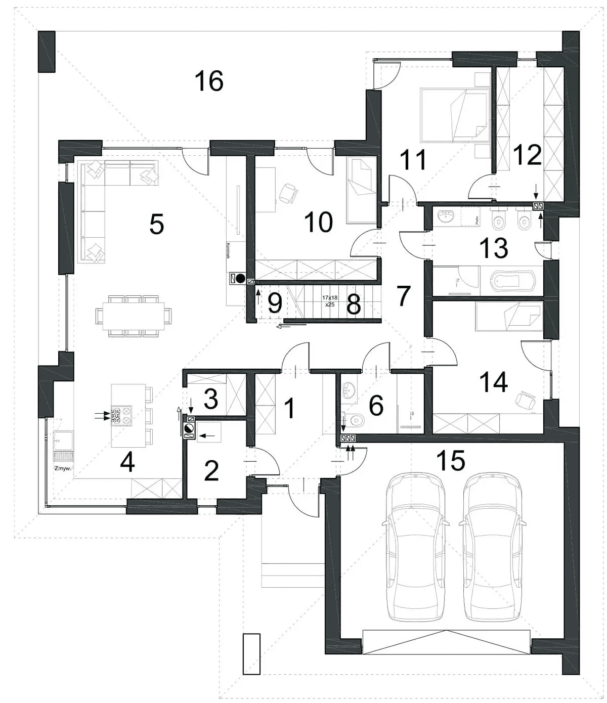 Rzut parteru domu jednorodzinnego SZCZEGÓLNY D78