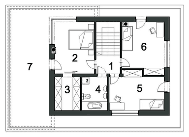 Rzut piętra domu jednorodzinnego SZYKOWNY D43