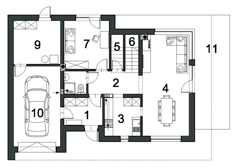 Rzut parteru domu jednorodzinnego SZYKOWNY D43