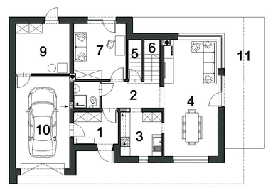 Rzut parteru domu jednorodzinnego SZYKOWNY D43
