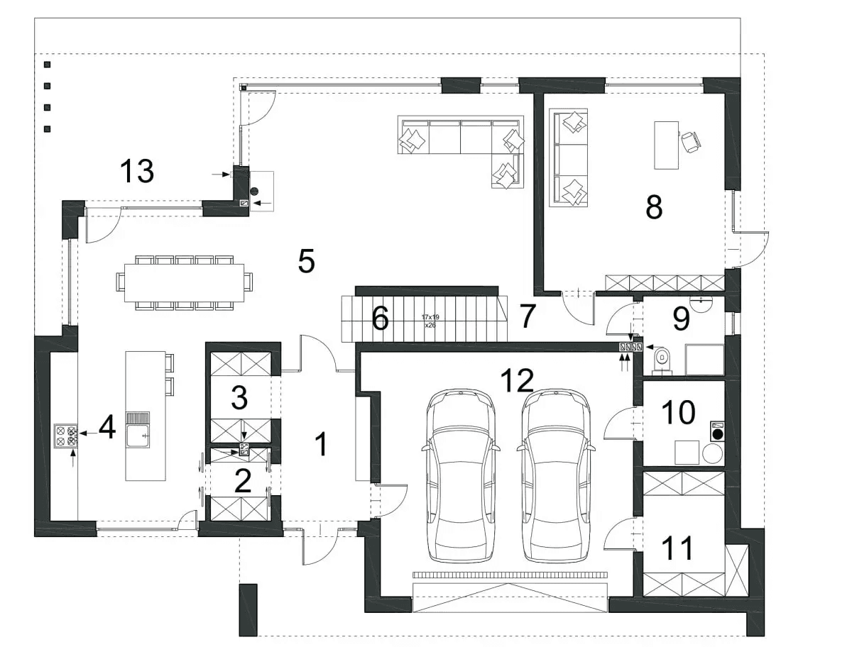 Rzut parteru domu jednorodzinnego WYSZUKANY D64