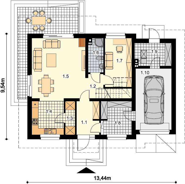 Rzut parteru domu jednorodzinnego Ajaks