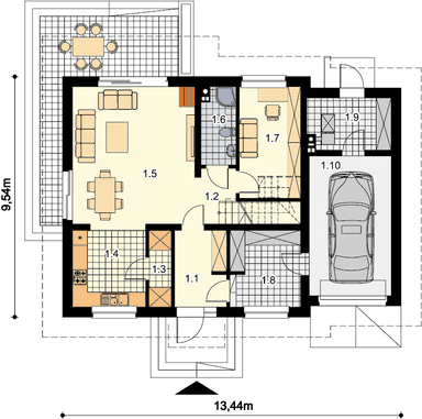 Rzut parteru domu jednorodzinnego Ajaks