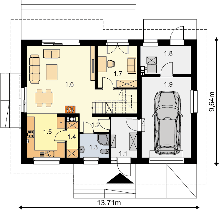 Rzut pareteru domu jednorodzinnego Ajaks 5