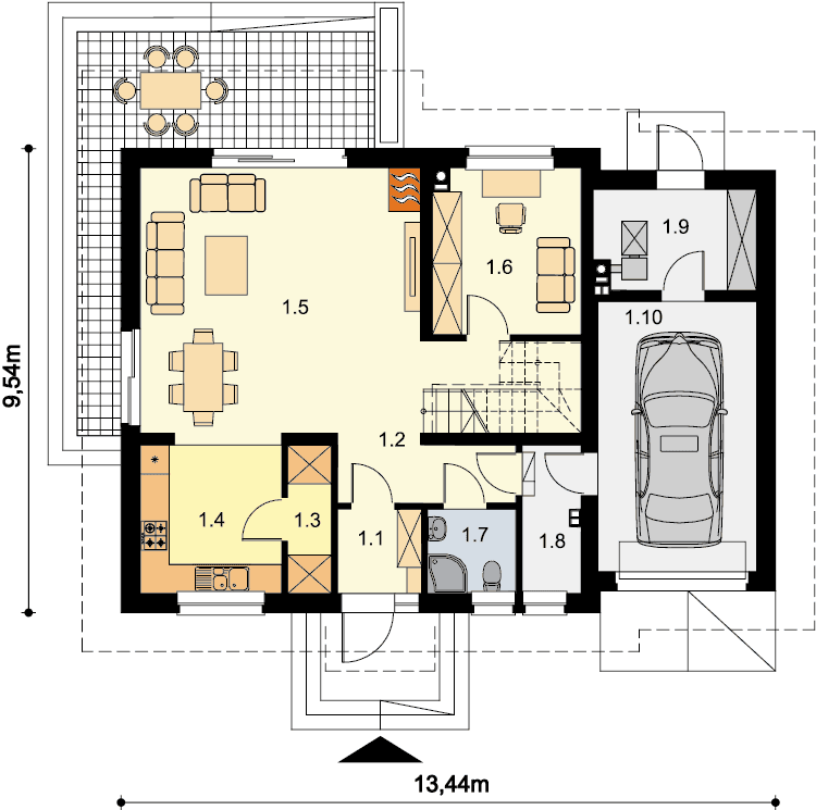 Rzut parteru domu jednorodzinnego Ajaks Bis