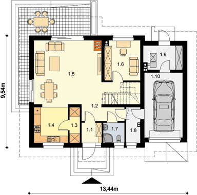 Rzut parteru domu jednorodzinnego Ajaks Bis