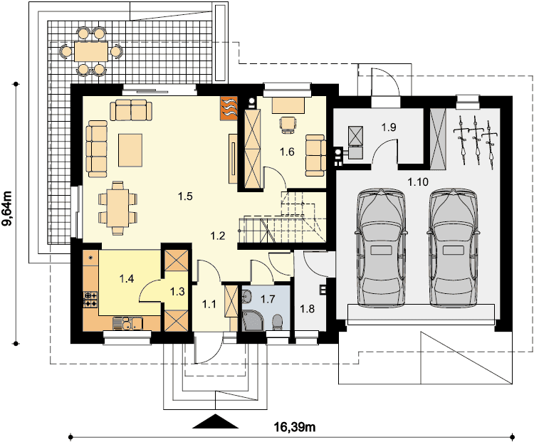 Rzut parteru domu jednorodzinnego Ajaks Bis G2