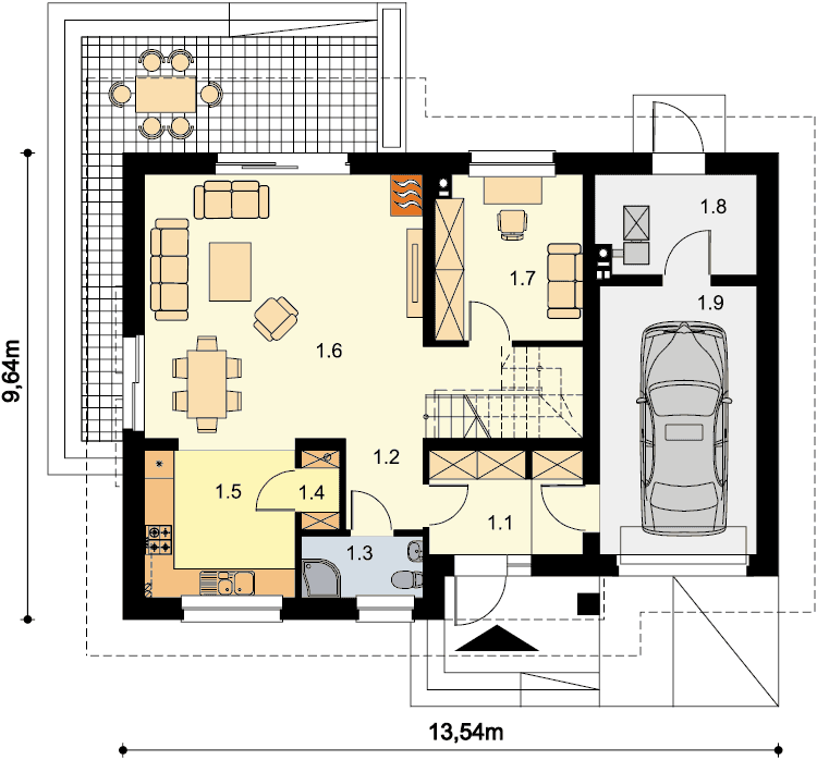 Rzut parteru domu jednorodzinnego Ajaks Modern
