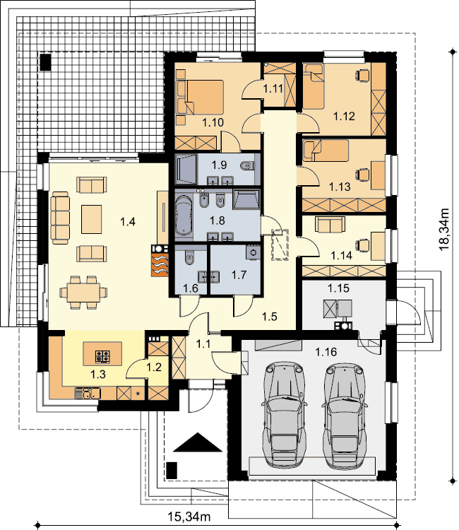 Rzut parteru domu jednorodzinnego Fabian 2