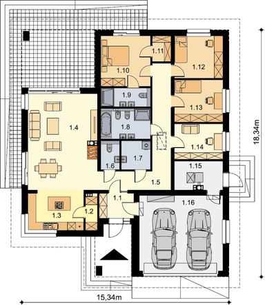 Rzut parteru domu jednorodzinnego Fabian 2