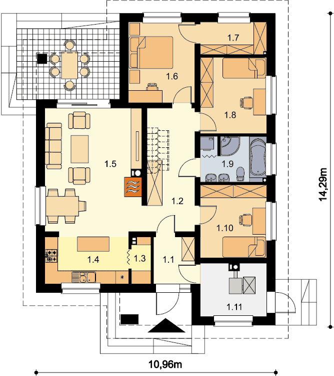 Rzut parteru domu jednorodzinnego Fidel