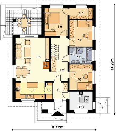 Rzut parteru domu jednorodzinnego Fidel