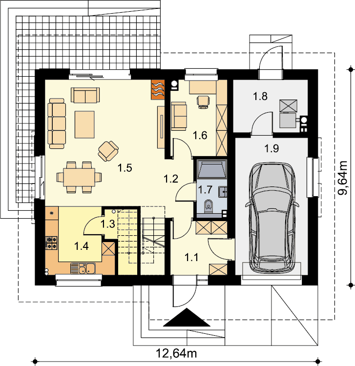 Rzut parteru domu jednorodzinnego Oberon