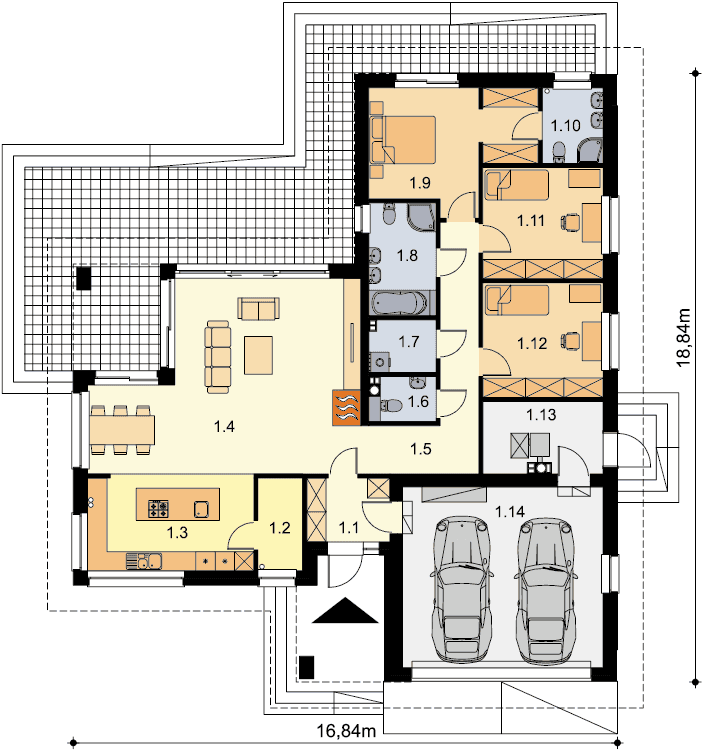 Rzut parteru domu jednorodzinnego Padme 3 WZ