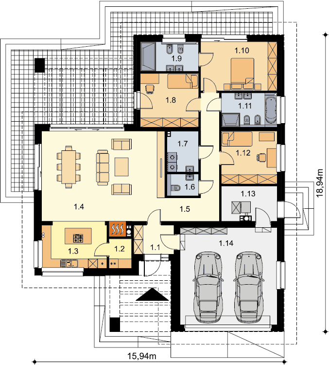 Rzut parteru domu jednorodzinnego Padme 5