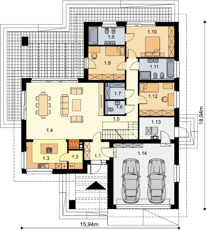 Rzut parteru domu jednorodzinnego Padme 6