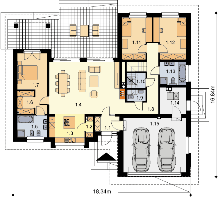 Rzut parteru domu jednorodzinnego Pandora