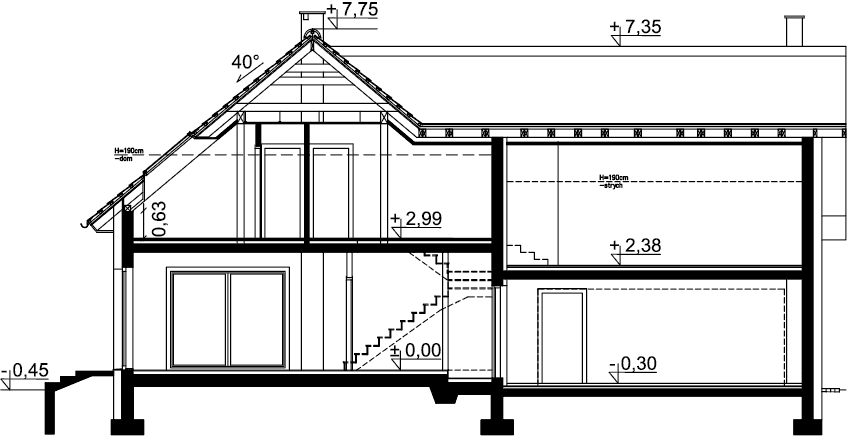 Przekrój domu jednorodzinnego Puk 3 G2