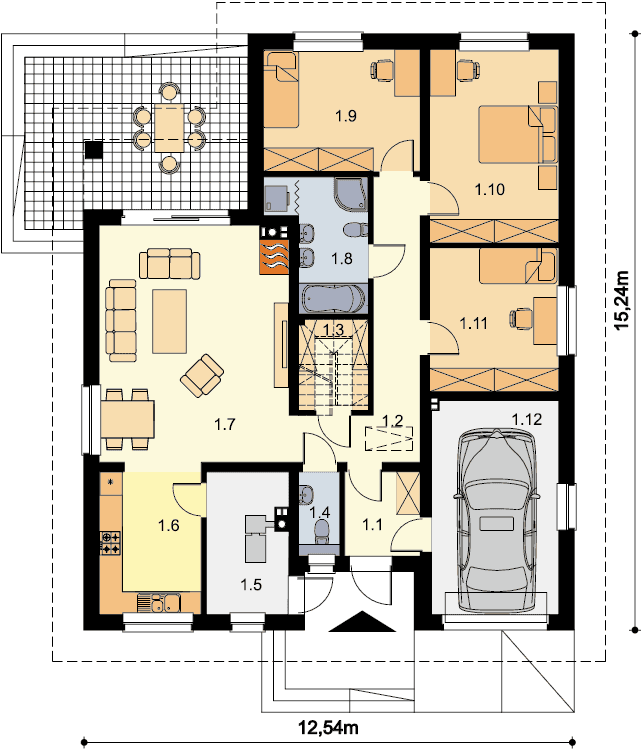 Rzut parteru domu jednorodzinnego Serafin paliwo stałe