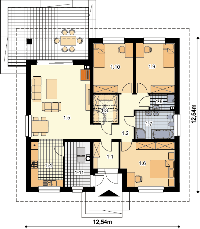 Rzut parteru domu jednorodzinnego Serafin paliwo stałe