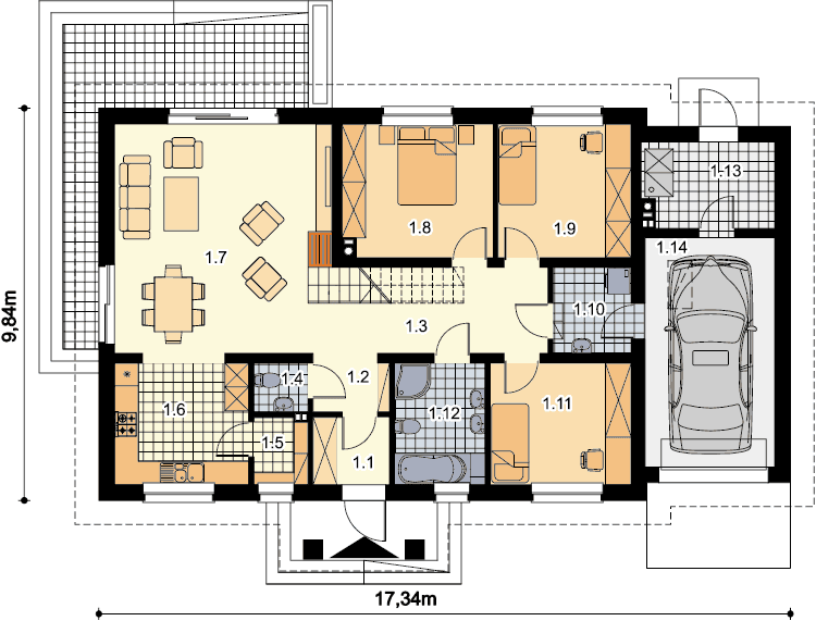 Rzut parteru domu jednorodzinnego Tamara