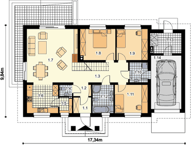 Rzut parteru domu jednorodzinnego Tamara