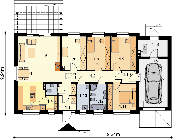 Rzut parteru domu jednorodzinnego Tamara 3