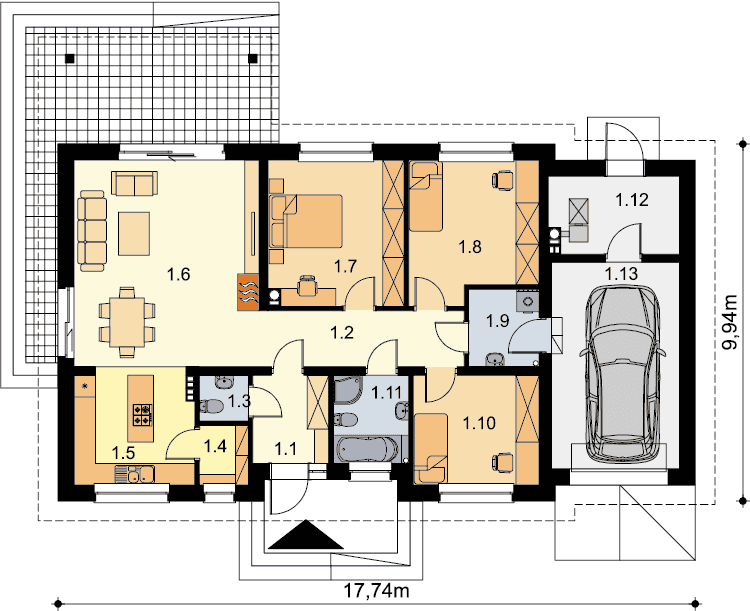 Rzut parteru domu jednorodzinnego Tama Modern B