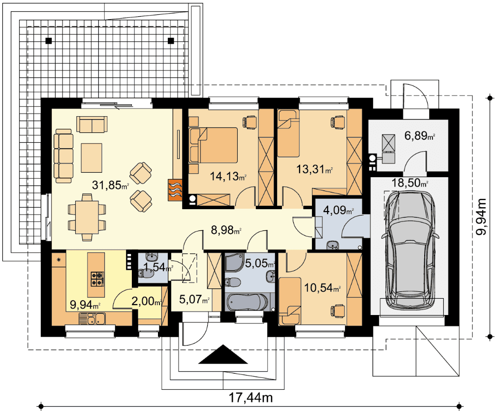 Rzut parteru w porjekcie domu parterowego Tamara Modern WZ