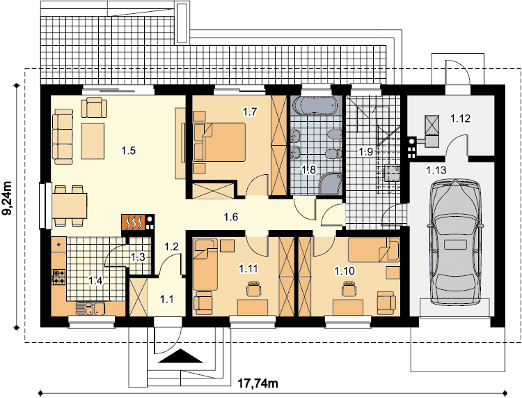 Rzut parteru domu jednorodzinnego Tamina 2