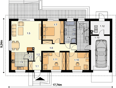 Rzut parteru domu jednorodzinnego Tamina 2