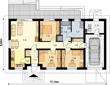 Rzut parteru domu jednorodzinnego Tamina mała 2 PS