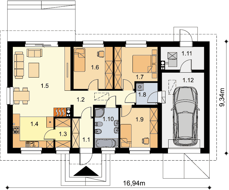Rzut pareteru domu jednorodzinnego Tebe 3 G1