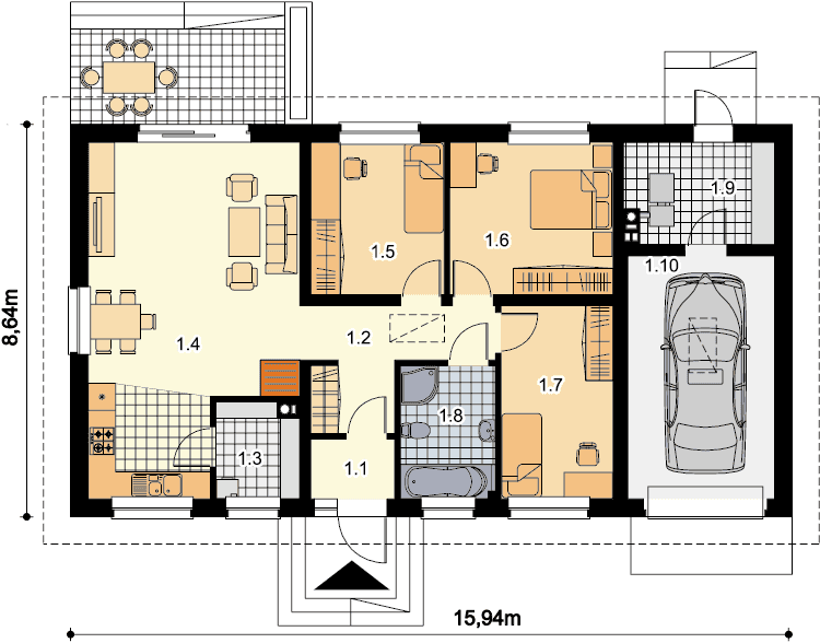 Rzut parteru domu jednorodzinnego Tebe II paliwo stałe