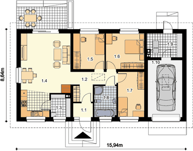 Rzut parteru domu jednorodzinnego Tebe II paliwo stałe