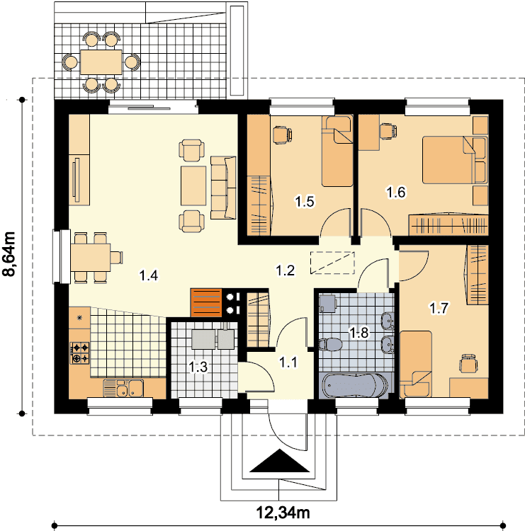 Rzut parteru domu jednorodzinnego Tebe paliwo stałe