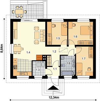 Rzut parteru domu jednorodzinnego Tebe paliwo stałe