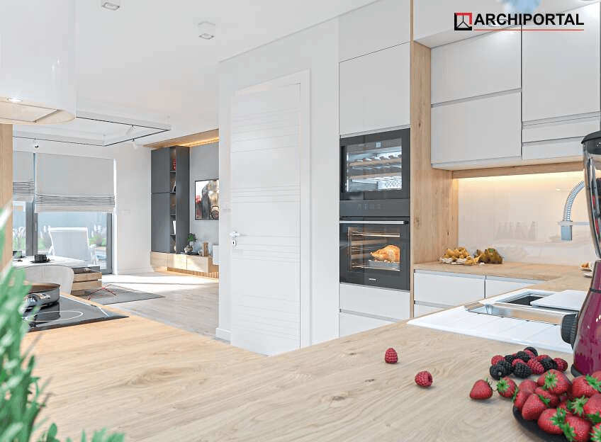 Wizualizacja kuchni i salonu w projekcie domu jednorodzinnego Tiara 2