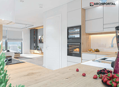 Wizualizacja kuchni i salonu w projekcie domu jednorodzinnego Tiara 2