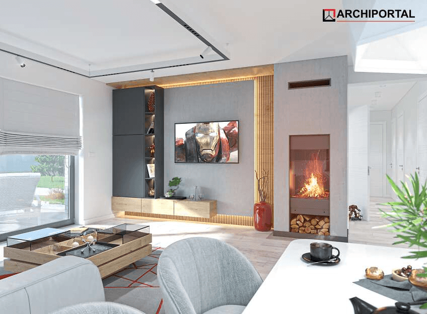 Wizualizacja wnętrza salonu w projekcie domu jednorodzinnego Tiara 2