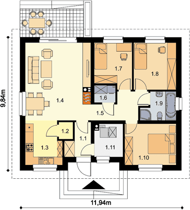 Rzut parteru domu jednorodzinnego Tobiasz paliwo stałe