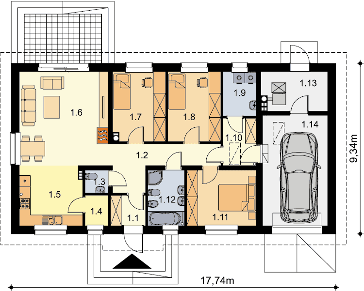 Rzut parteru domu jednorodzinnego Tracja 2 G1