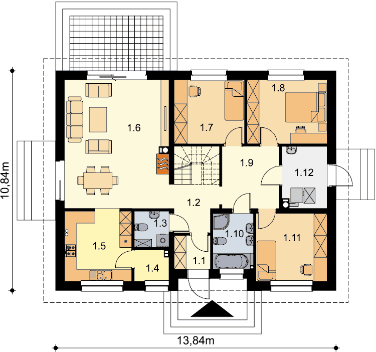 Rzut parteru domu jednorodzinnego Tracja 8