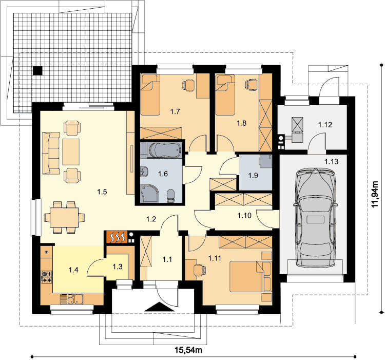 Rzut parteru domu jednorodzinnego Tryton 2