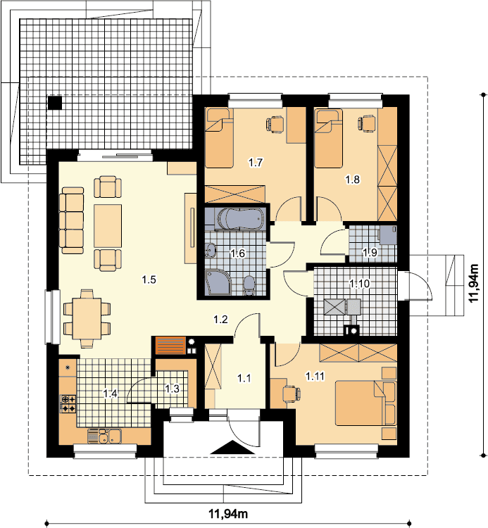 Rzut parteru domu jednorodzinnego Tryton