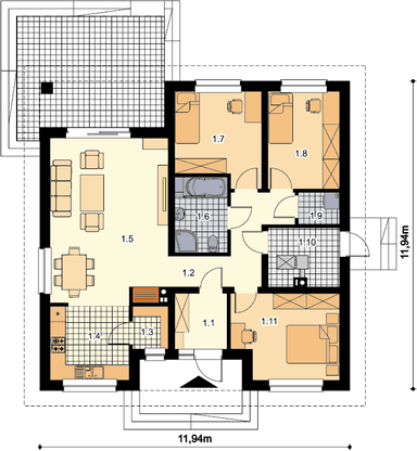 Rzut parteru domu jednorodzinnego Tryton