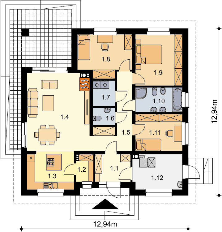 Rzut parteru domu jednorodzinnego Tryton3 B