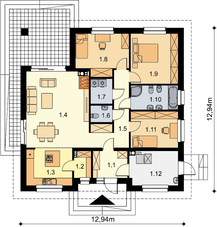 Rzut parteru domu jednorodzinnego Tryton 3 WZ
