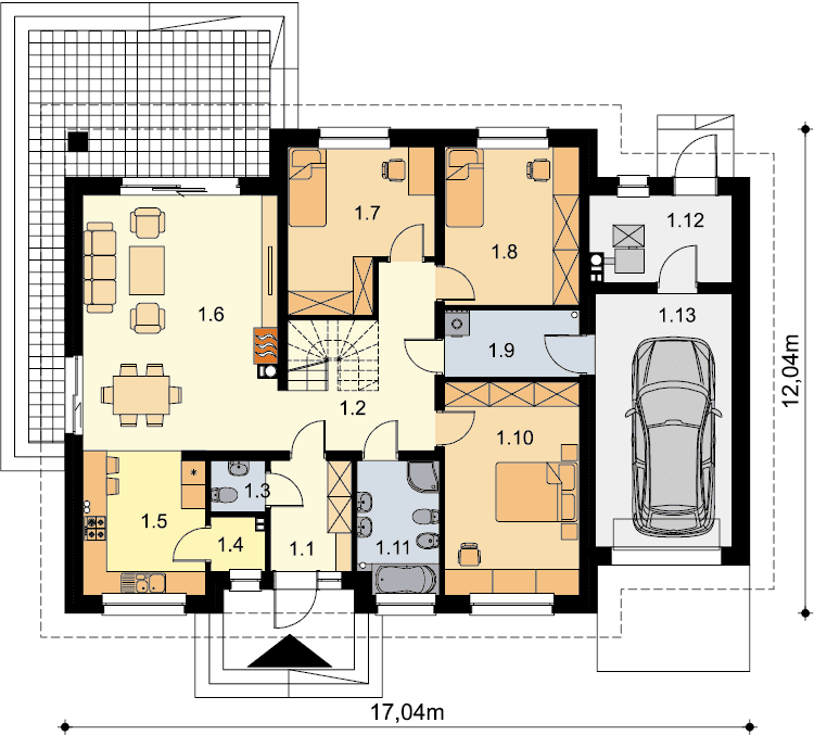 Rzut parteru domu jednorodzinnego Tryton 4