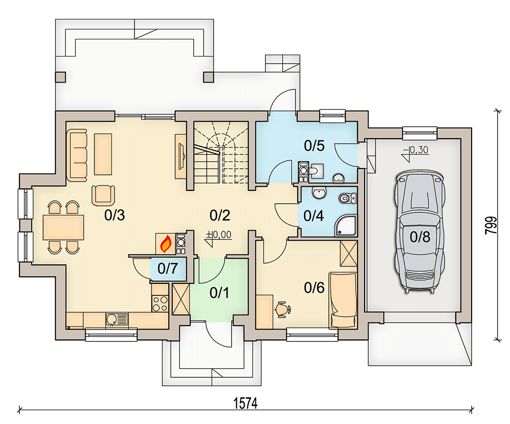 Rzut parteru domu jednorodzinnego Amaretto 2